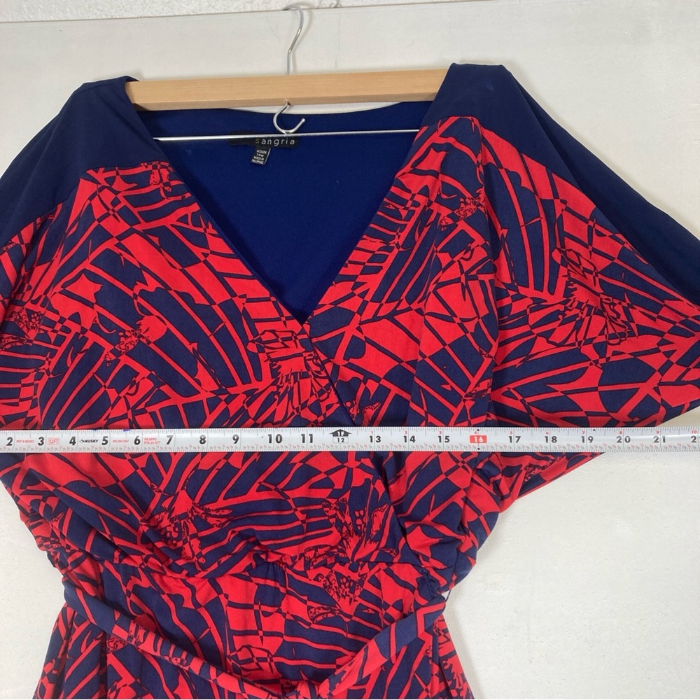 Sangria Red Navy Geometric Wrap  Dress V neck Size 14W Tie Dolman Sleeve - Picture 9 of 16